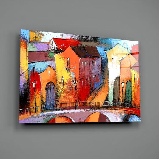Colorful Village Houses Stone Bridge Glass Wall Art