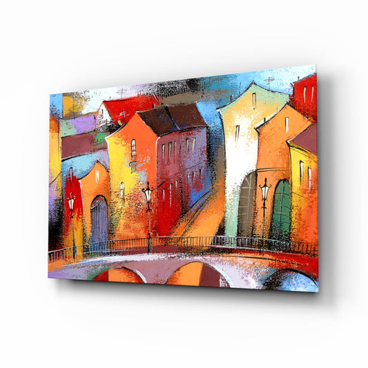 Colorful Village Houses Stone Bridge Glass Wall Art