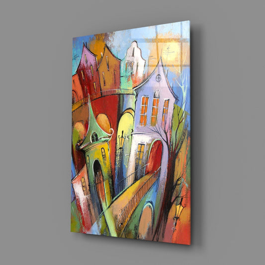Whimsical Tilted Houses Golden Sun Glass Wall Art