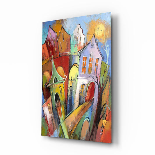 Whimsical Tilted Houses Golden Sun Glass Wall Art