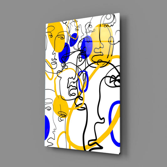 Yellow and Blue One Line Faces Glass Wall Art