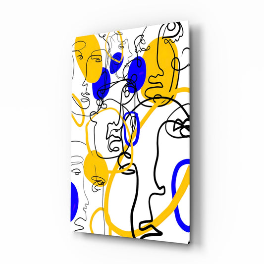 Yellow and Blue One Line Faces Glass Wall Art
