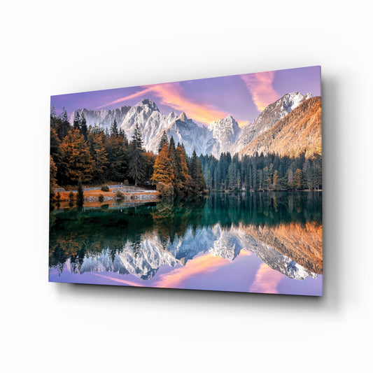 Purple Sky Alpine Lake Glass Wall Art
