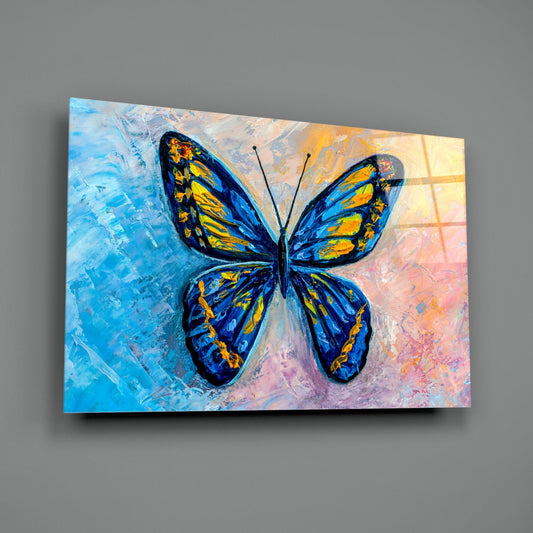 Blue and Gold Oil Butterfly Glass Wall Art