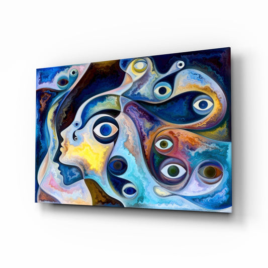 Surreal Blue Faces Eyes Glass Wall Art