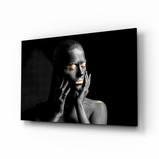 Gold Eyelids Hands Woman Glass Wall Art