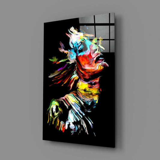 Rainbow Brushstroke Face Black Glass Wall Art
