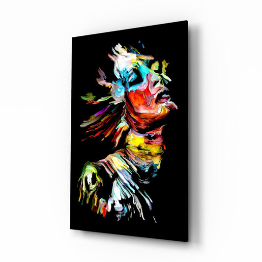 Rainbow Brushstroke Face Black Glass Wall Art