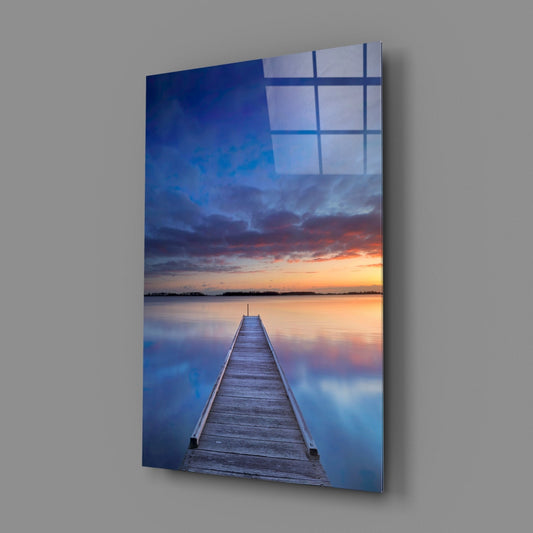 Blue Hour Lake Jetty Sunset Glass Wall Art