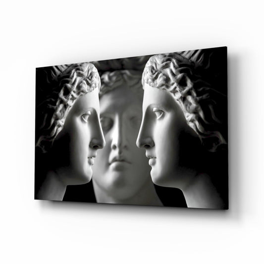 Black and White Mirrored Statue Faces Glass Wall Art