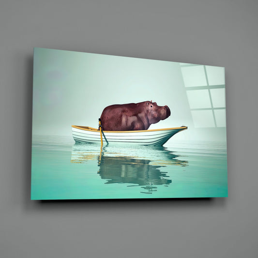 Hippo in Yellow Boat on Mint Water Glass Wall Art
