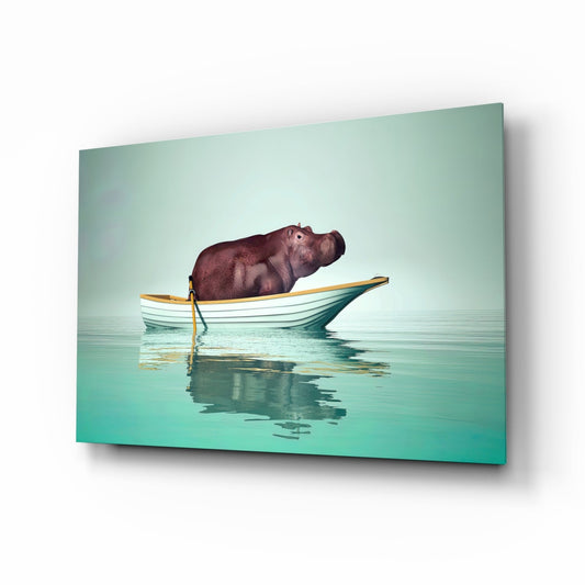 Hippo in Yellow Boat on Mint Water Glass Wall Art