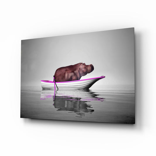 Hippo in Magenta Boat on Misty Lake Glass Wall Art
