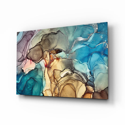 Blue and Amber Alcohol Ink Marble Glass Wall Art