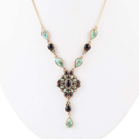 Barcelona Black Onyx and Blue Turquoise Golden Y-Necklace Otarealm