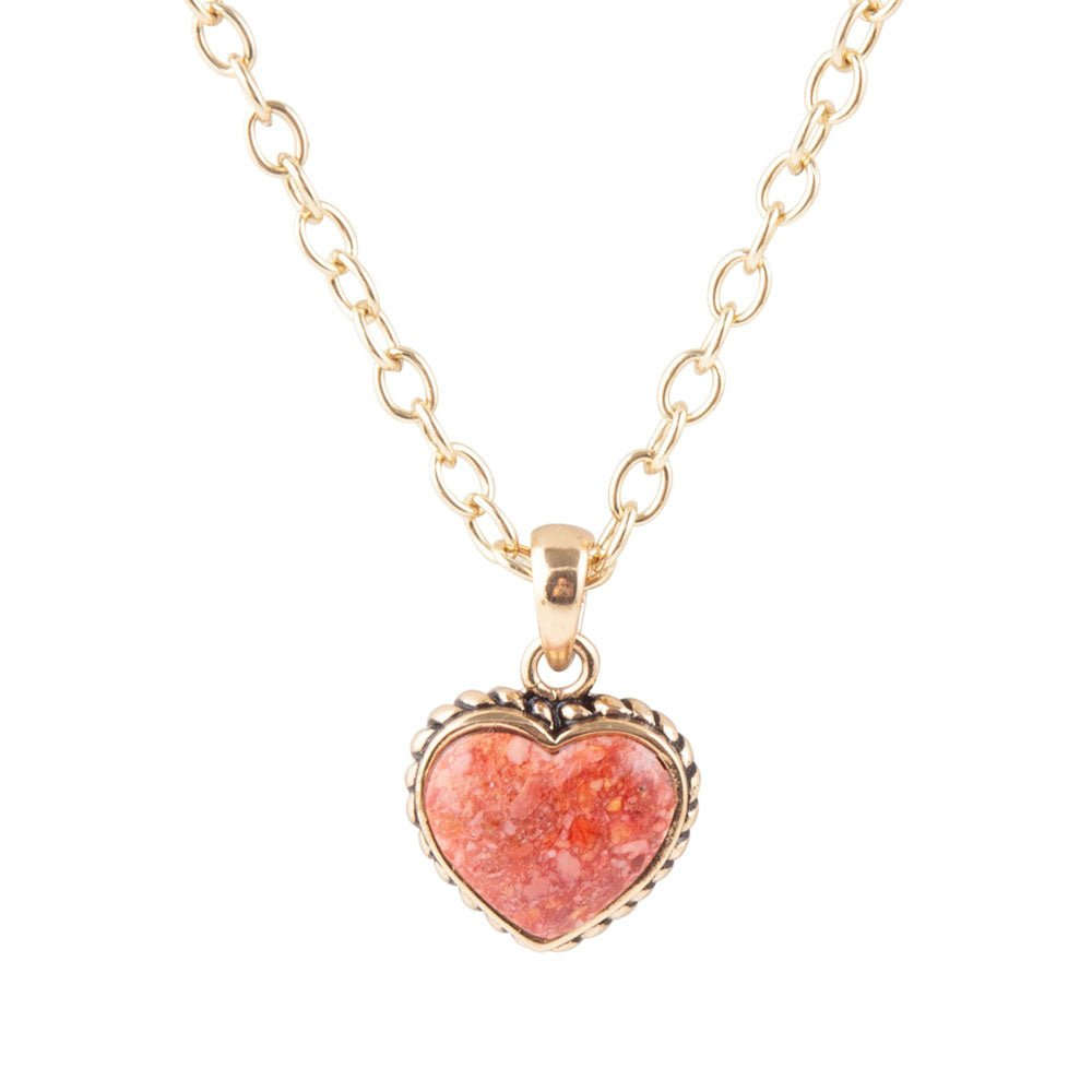 Orange Sponge Coral Heart Pendant and Golden Bronze Necklace Otarealm