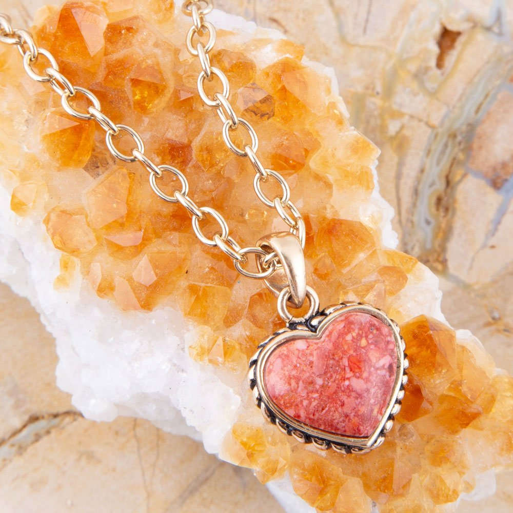 Orange Sponge Coral Heart Pendant and Golden Bronze Necklace Otarealm