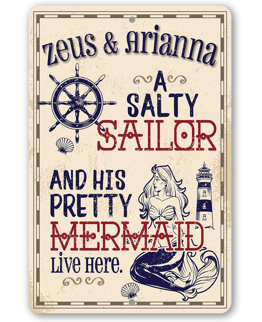 Personalized - A Salty Sailor and Pretty Mermaid - Metal Sign