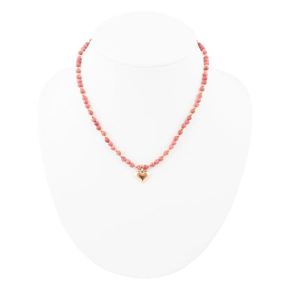 Pink Rhodonite and Golden Bronze Heart Pendant Necklace Otarealm