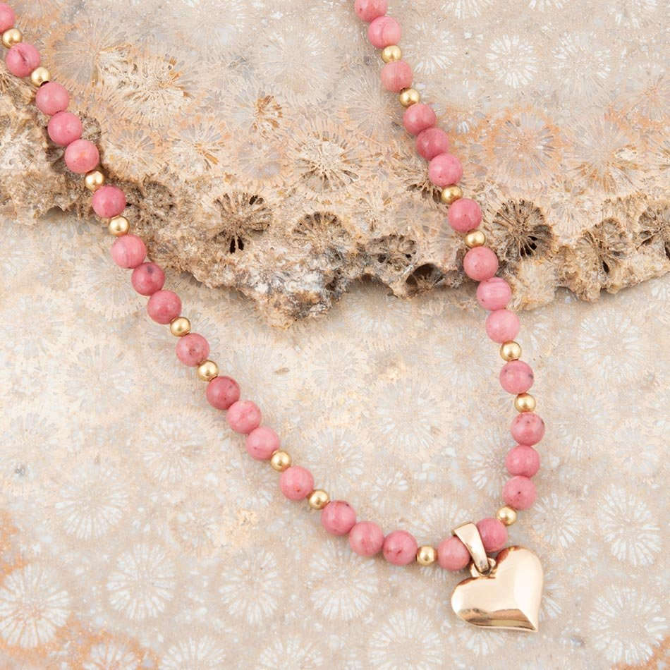 Pink Rhodonite and Golden Bronze Heart Pendant Necklace Otarealm