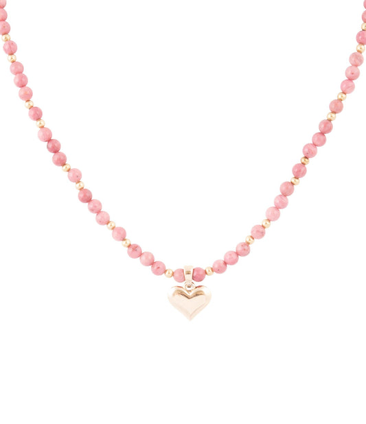 Pink Rhodonite and Golden Bronze Heart Pendant Necklace Otarealm