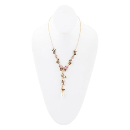 Pink Rhodonite and White Pearl Golden Butterflies Y Necklace