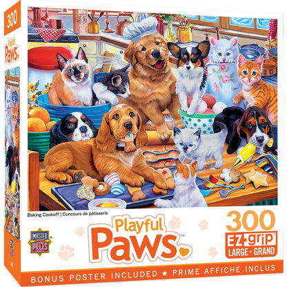 Playful Paws - Baking Cookoff 300 Piece EZ Grip Puzzle by MasterPieces | Adorable Kitten and Puppy Jigsaw Puzzle