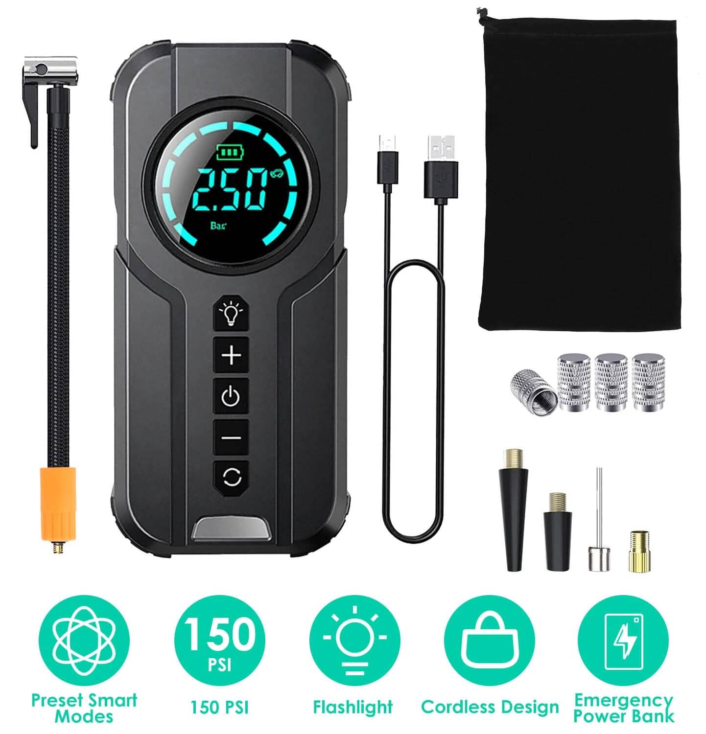 Portable Car Compressor Wireless Electric Air Pump 150 PSI with LED Light Otarealm