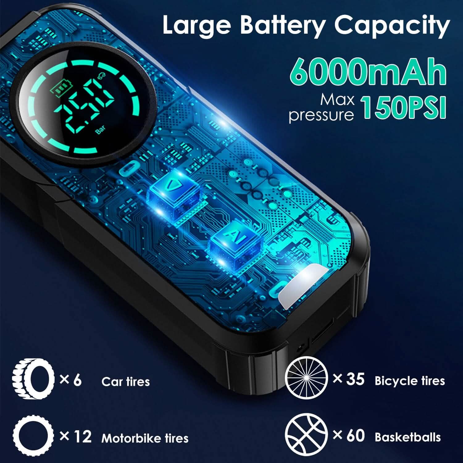 Portable Car Compressor Wireless Electric Air Pump 150 PSI with LED Light Otarealm