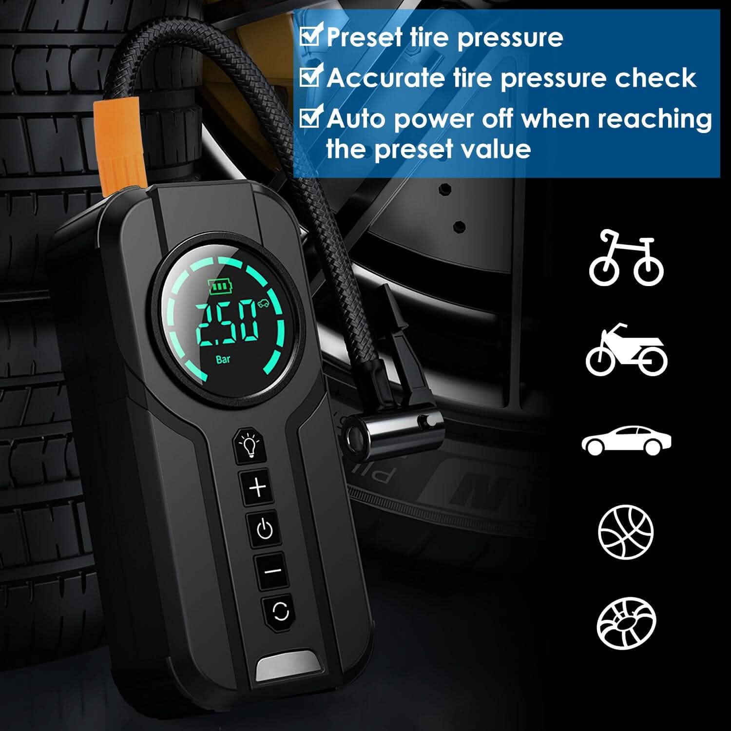 Portable Car Compressor Wireless Electric Air Pump 150 PSI with LED Light Otarealm