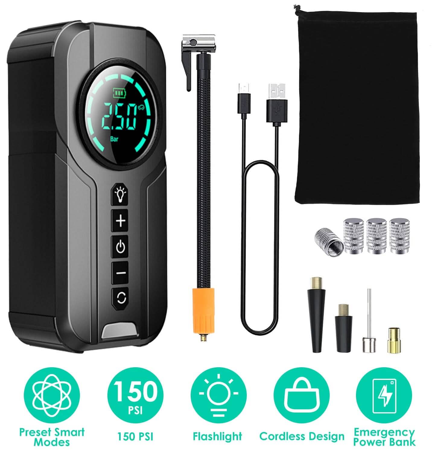 Portable Car Compressor Wireless Electric Air Pump 150 PSI with LED Light Otarealm