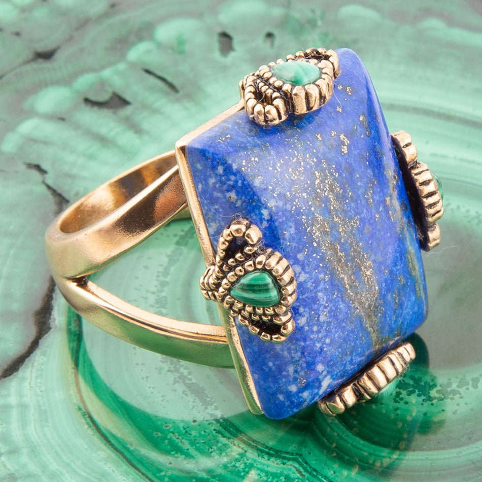 Prismatic Blue Lapis and Malachite Golden Ring Otarealm