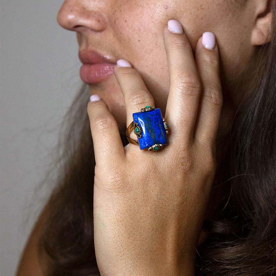 Prismatic Blue Lapis and Malachite Golden Ring Otarealm