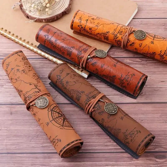 PU Leather Rollup Pen Bag Vintage Creative Map Pencil Case Otarealm