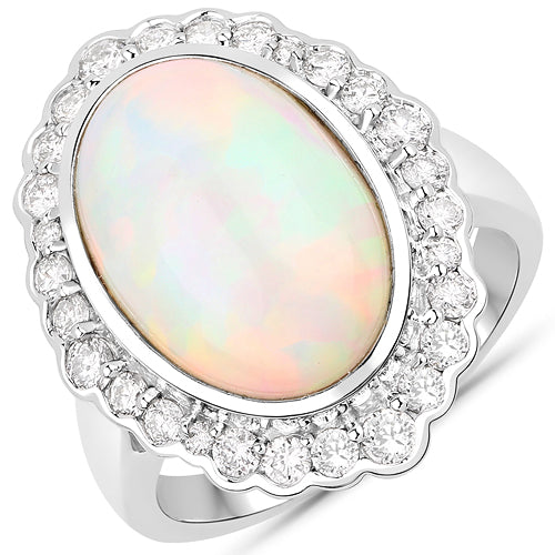 6.38 Carat Genuine Ethiopian Opal and White Diamond 14K White Gold Ring