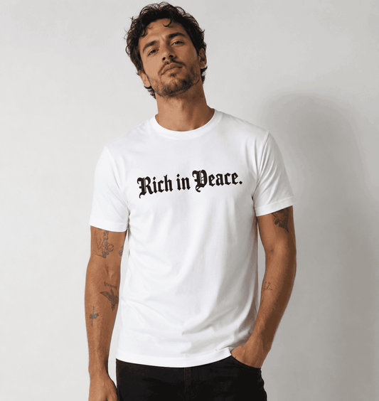 Rich in Peace Organic Tee (White with Navy print) Otarealm