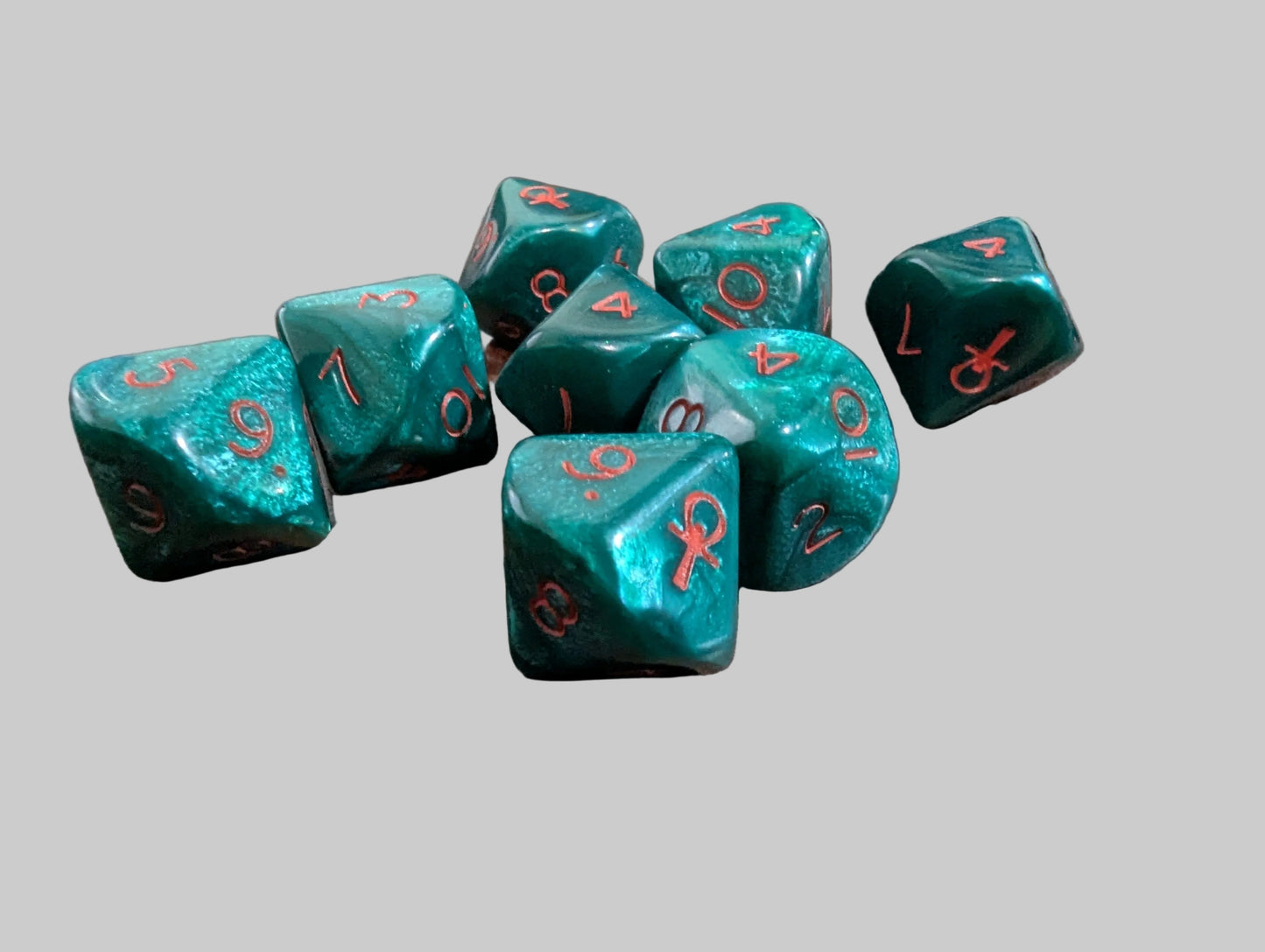 earl Green w/Red Ankh D10 Dice Numbered 2-10 w/Ankh on one side (sold per piece)