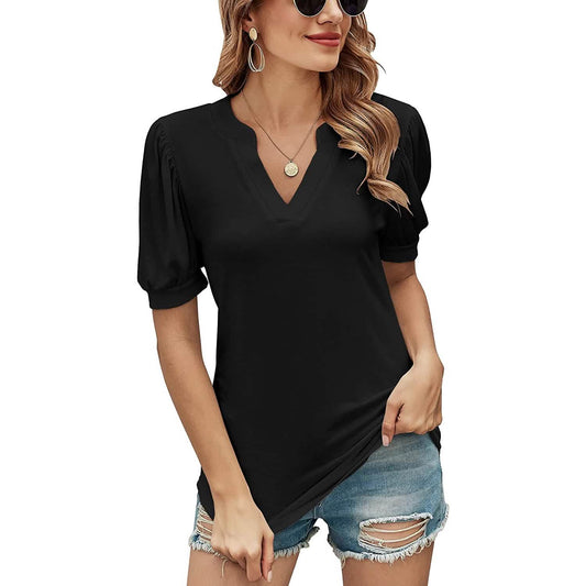 Romanstii Women Casual V-neck T-Shirts Loose Puff Short Otarealm