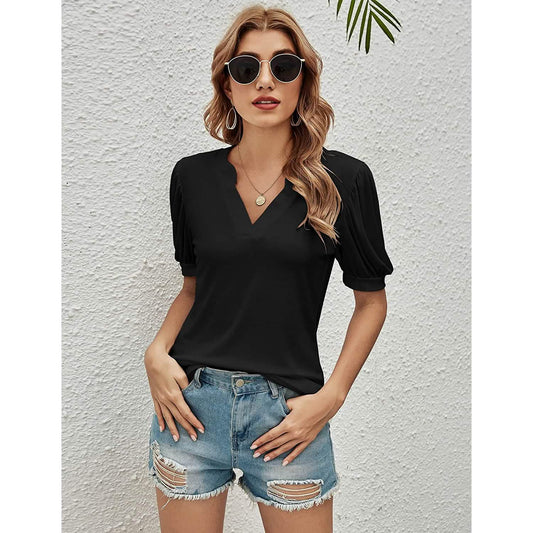 Romanstii Women Casual V-neck T-Shirts Loose Puff Short Otarealm