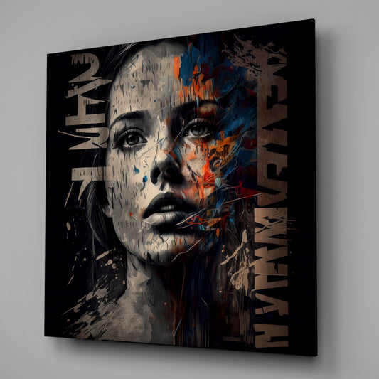 Black Graffiti Letters Woman Face Glass Wall Art