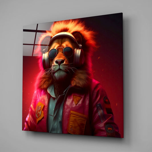 Pink Jacket Lion in Headphones Glass Wall Art