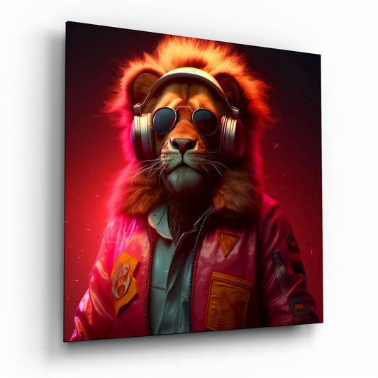 Pink Jacket Lion in Headphones Glass Wall Art