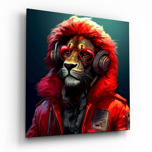 Red Fur Hood Lion Headphones Glass Wall Art