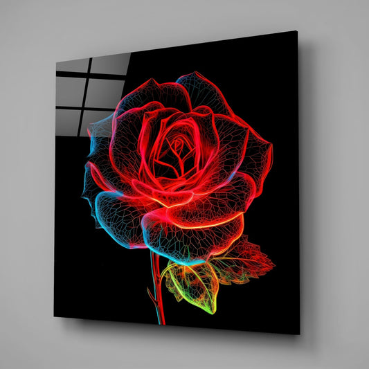 Glowing Neon Outline Rose Glass Wall Art