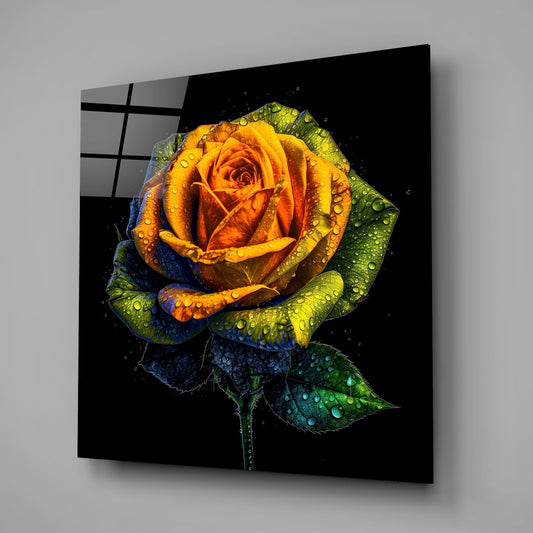 Dewdrop Golden Rose Black Glass Wall Art