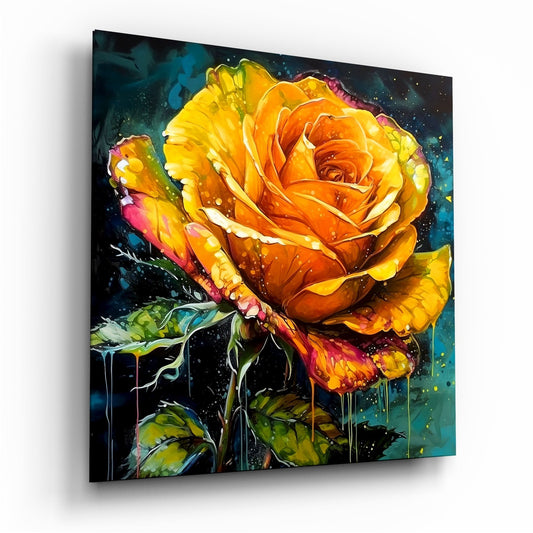 Dripping Gold Rose Painting Glass Wall Art