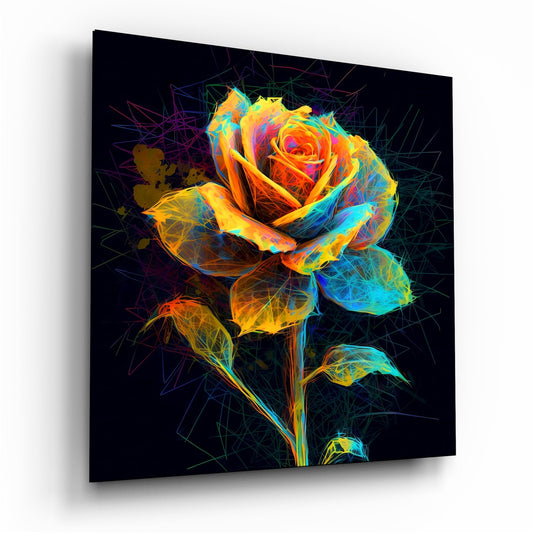 Neon Wireframe Rose Black Glass Wall Art