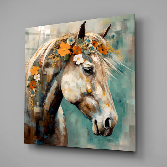 Orange Blossom Crowned Horse Glass Wall Art