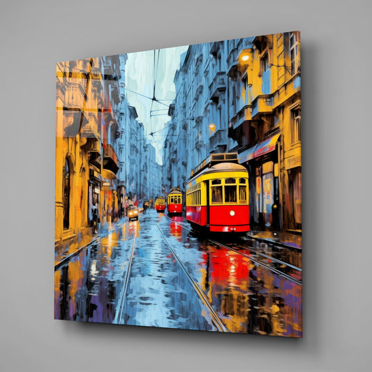 Blue Dusk Tram Street Glass Wall Art