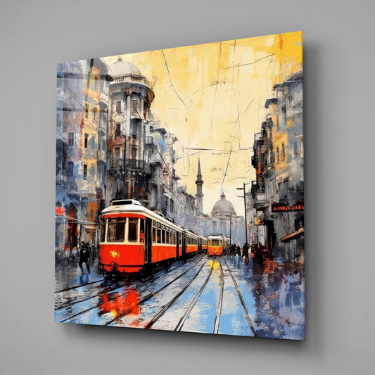 Amber Sky Red Tram Glass Wall Art